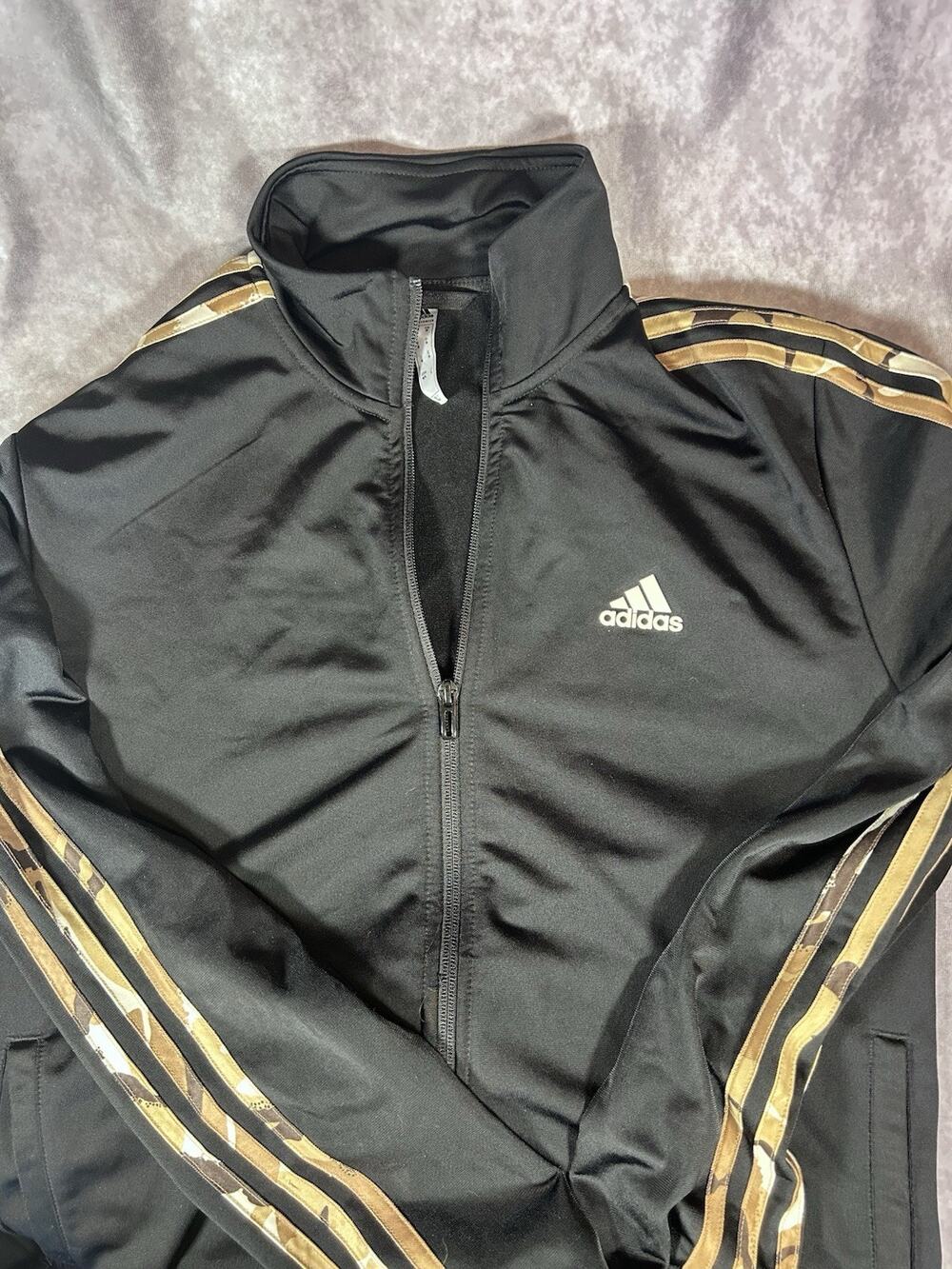 Adidas Primegreen Track Jacket Women's Medium Black Full Zip Camo 3 Stripe - Picture 1 of 2